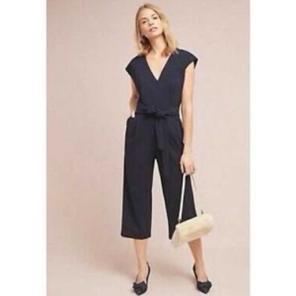Anthropologie Ett Twa Black Wrap Crepe Wide Leg Cropped Jumpsuit Size Small